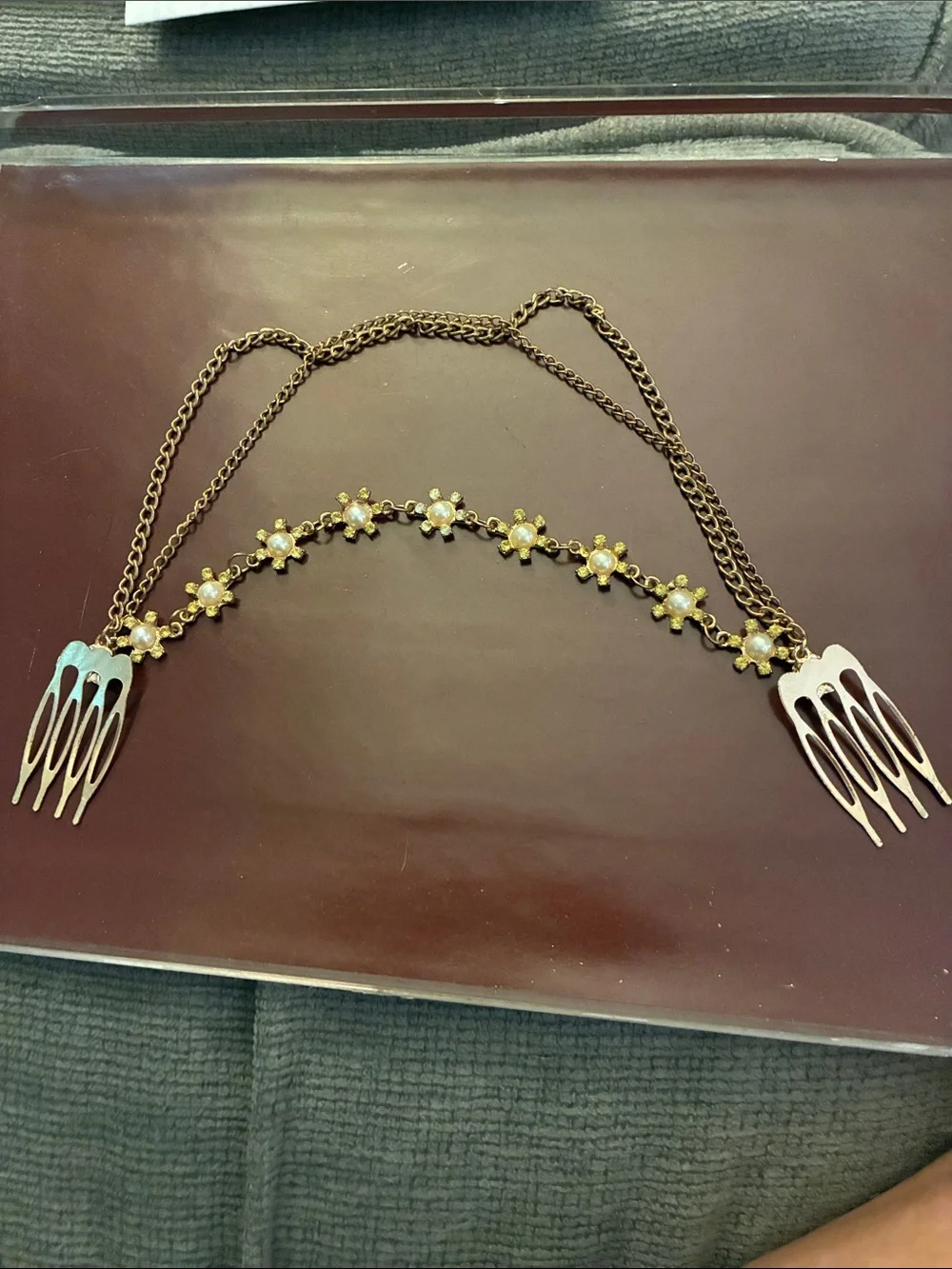 Gold Floral Double-Comb Hair Chain with Pearlescent Accents
